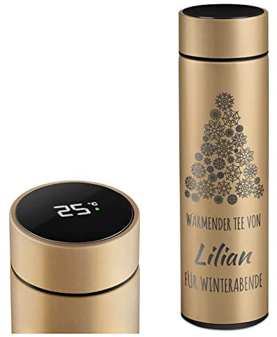 Maverton Thermosflasche mit Gravur 450 ml - Kaffeebecher mit LED-Touch-Anzeige - Thermobecher auslaufsicher 100% dicht - Travel Mug aus Edelstahl für Frauen - Farbe: gold - Schneeflocken