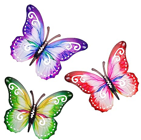 SUNNEKO 3 PCS Large Metal Butterfly Garden Ornaments Outdoor | Metal Wall Art Big Butterfly Decorations for Outside Garden Shed Fences Yard Decorations Wall Hanging