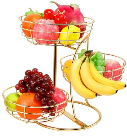Livabber Fruit Basket Bowl with Banana Hanger, Fruit Vegetable Storage Basket with Banana Tree Holder for Kitchen Counter, Detachable Organizer for Bread Snack Produce (Gold, 3-Tier Metal Base)