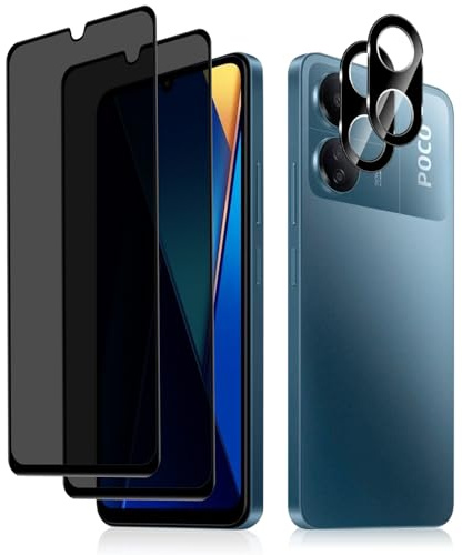 HeeYeal Protector de Pantalla Privacidad + Protector de Lente de Cámara Compatible con Xiaomi Poco C65/Xiaomi Redmi 13C 4G, [2 + 2 Piezas] 9H Dureza Vidrio Templado para Xiaomi Poco C65/Redmi 13C 4G