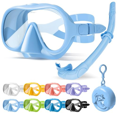HINATAA Masque Plongée Adulte, Masque de Plongee avec Tuba, Macaron Masque Snorkeling, Lunettes Plongée Pnoramiques 180°, Masque Tuba Anti-Fuite Anti-buée, Diving Mask en Verre trempé (Kit Bleu Ciel)