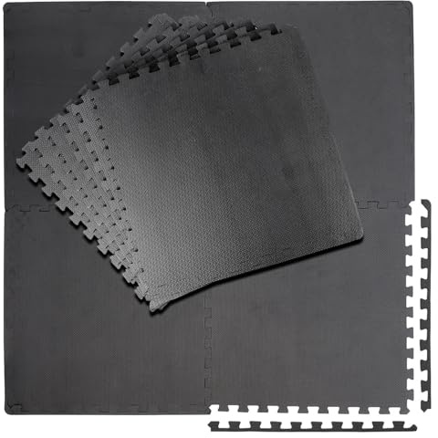 Übungsmatte x12 Puzzle 60 x 60 cm extra dick 12 mm (1,2 cm) aus EVA-Schaumstoff, zum Stecken, für Schutzböden und gepolsterte Böden, für Heimgeräte und Fitnessstudios, Black Gym (grau)