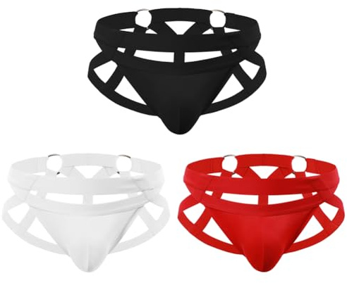 Alienjoy Jockstrap herrstringkalsonger med ringar män sexiga underkläder tanga sportunderkläder ihåliga stringkalsonger, Svart/vit/röd (3-pack), M