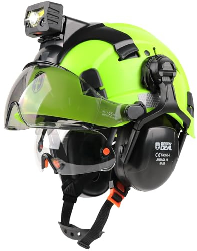 GREEN DEVIL Hard Hat Safety Helmet with Rechargeable Headlamp Light and Visor Ear Muffs Vented Work Hardhat ANSI Z89.1 Cascos De Construccion for Industrial Construction Forestry