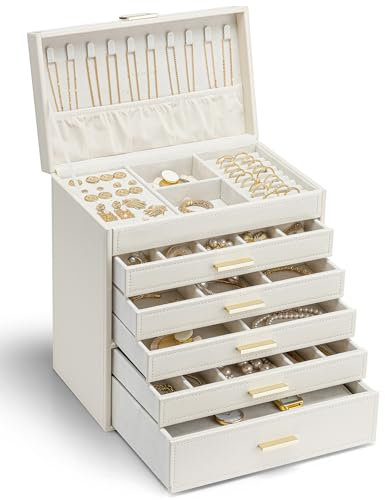 Vlando 6 Layer Large Jewellery Box, Jewellery Box Organiser with Necklace Holder, Jewellery Storage for Ring Bracelet and Watch, Gift for Women (Apricot White/Beige)