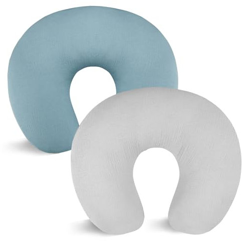 Hooyax Muslin Nursing Pillow Covers 2 Pack, Soft and Breathable Nursing Covers for Breastfeeding Pillows, Adorable Infant Feeding Pillow Slipcover for Baby Boy and Girls (Blue Grey)