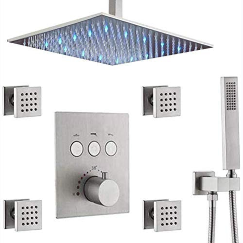 shower set shower system, brass brushed nickel thermostatic shower jets system with 10-12 inch led rain shower head and handheld bathroom ceiling mount shower set,12 inch