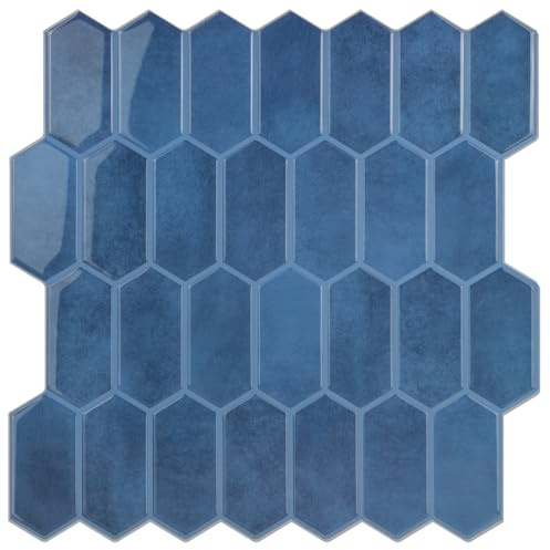 WalDecoo Peel and Stick Tile for Kitchen, Thicker Design 3D Self -Adhesive Long Hexagon Wall Tile Backsplash, Blue 10-Sheet 12x12 Stick on Tiles, Peel and Stick Wall Tiles for Kitchen