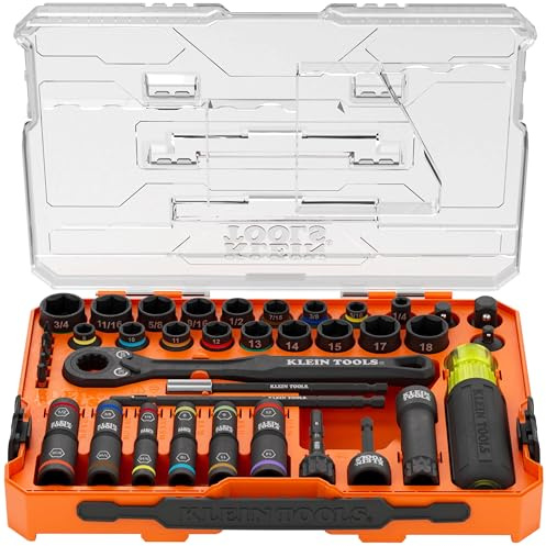 Klein Tools 65500KNECT KNECT Impact Socket Set, SAE and Metric Pass Through Socket Set, 90-Tooth Ratchet, MODbox Case, SAE, Metric, Screwdriver Handle, Bits, 39-Piece
