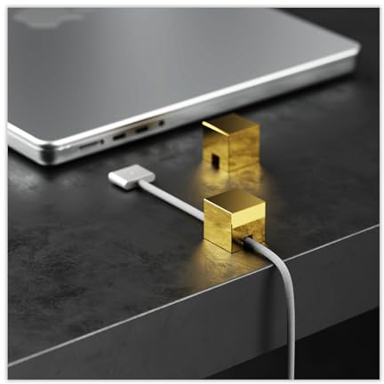(2 PCS - Gold) Metal Cable Holder, Weighted Cord Organiser or Management, Heavy Wire Keeper for Bedside Table, Desk, Nightstand - N2U Cube Cables Strap for Lightning, USB-C Phone Charger Cords