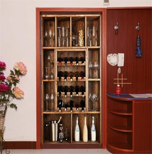 Türtapete Selbstklebend 77x200 cm Türfolie Selbstklebend Wein Türaufkleber Türposter Retro-Weinschrank Türsticker Fototapete 3D Effekt für Schlafzimmer Wohnzimmer Küche 9725A