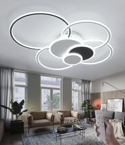Moderne LED Deckenleuchte 7-Ring Design Groß Deckenlampe Metall Acryl Wohnzimmerlampe dimmbar mit Fernbedienung Mode Wohnzimmer Schlafzimmer Büro Hotel Küche Beleuchtung (Schwarz&Weiß, 100cm，125W)