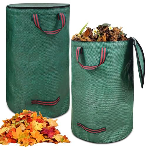Lot de 2 sacs à déchets de jardin, avec couvercle et poignées, étanche, pliable, réutilisable, pour herbe, feuilles, haie et coupe verte, stable, idéal pour les déchets de jardin et la collecte des