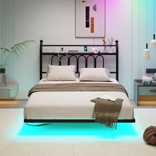 JELUTE Double Floating Bed Frame with Headboard Storage, Black 135 x190 | Floating Design, LED Lights, Storage Headboard with Charging Station, Heavy Duty, No Box Spring Needed, Noise Free