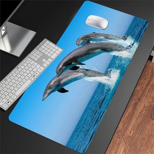 Grand Tapis de Souris Gaming 1200x600x3mm Mouse Pad XXL, Tapis de Souris Gaming avec Bords Cousus et Base en Caoutchouc Antidérapant pour Maison et Bureau (Dauphin de L'Océan)