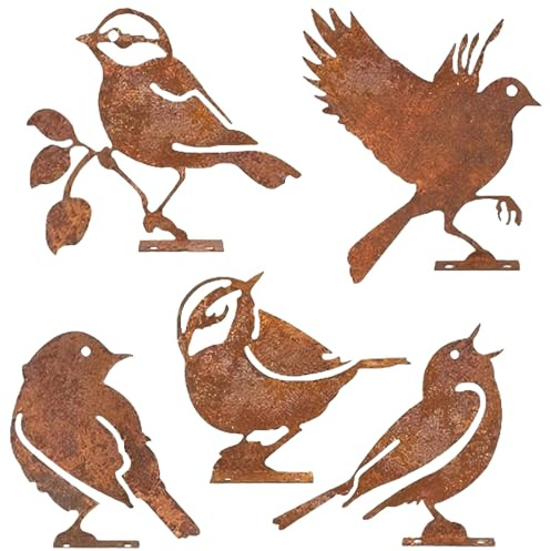 5 Pcs Metal Bird Garden Ornaments,Fence Toppers Rusty Birds Garden Decorations, Garden Fence Decorations, Metal Garden Ornaments, Fence Decorations Outdoor ,Bird Silhouette with Screws (5PCS-A)