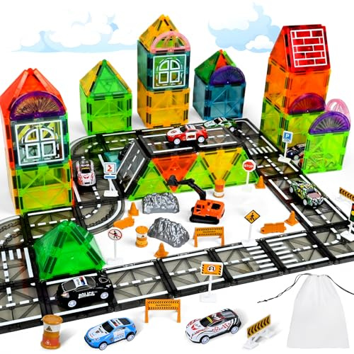 PATEMZON Bloques Magneticos, 86 Piezas Bloques Magneticos Construccion, Magnetic Blocks con 3 Coches de Policía, Construcciones Magneticas Niños Caminos de Ciudad, para Niños y Niñas de 3 4 5 6 Años