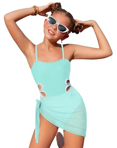 Beichwtd Badeanzug Mädchen, Einteiliger Badeanzug mit Verstellbaren Schultergurten, Einfarbiger Abdeckrock, Badeanzüge Kinder Schwimmanzug Bikini Teenager