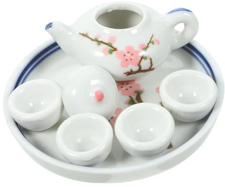 Yardwe Miniatur Keramik Teeservice Spielküchenzubehör Realistisches Puppengeschirr Set für Mini Haus Dekoration Rosa Pflaumenblüten Muster Zufällige Farbe Zufällige Farbe
