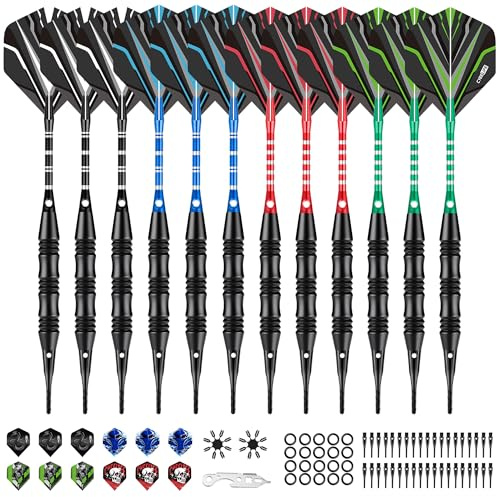 CyeeLife Darts Plastic Tip - Professional Soft Tip Darts Set - 12 Pcs 20 Gram with 50 Extra Tips 12 Shafts 24 Flights 20 Rubber Rings 2 Flight Protectors and Tool for Electronic Dartboard