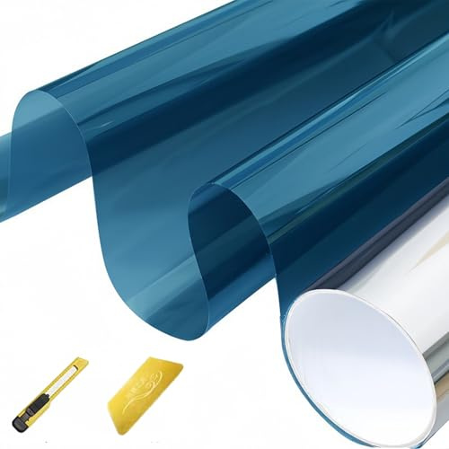 Film Anti Regard Fenetre 20 x 1000 cm Film Adhesif Effet Miroir D'Intimité Filtre Fenetre Anti Regard Chaleur UV pour Fenêtre Maison Bureau, Bleu Foncé