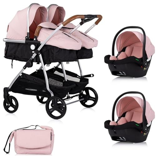 DUO SMART Passeggino gemelli o bambini stretti larghezza 79 cm rosa + 2 accogliente i-Size rosa