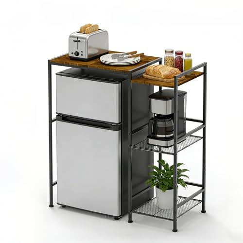 XUDREZ Small Fridge Stand with Storage Shelves Adjustable Microwave Stand Multi-functional Kitchen Organizer Shelves for Toaster,Coffee Maker,Standing Baking Rack for Home,Apartment,Dorm Rustic Brown