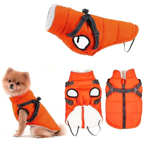 Manteau pour Chien Hiver Petite Taille, ZoneYan Imperméable Manteau Chien avec Harnais Réfléchissants et Réglable, Veste Chauds Chiens Vêtements, Gilet de Protection Contre pour Chiot (Orange, S)