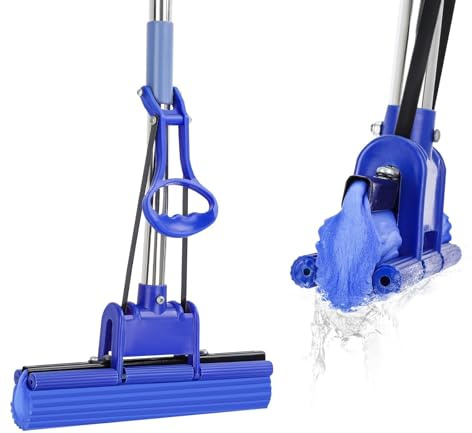 SUNNYNEST Sponge Mop with Telescopic Handle, Super PVA Absorbent Self-Wringing Floor Mop for Hardwood & Laminate Floors, Stainless Steel Adjustable Pole , Ideal for Kitchen, Bathroom & Bedroom Cleanin