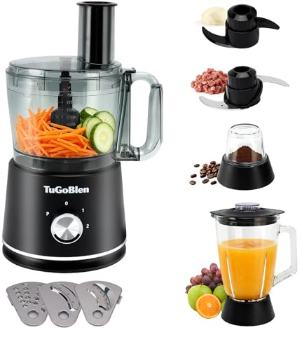 TuGoBlen 7-in-1 Multifunctional Food Processor with 2L Processing Bowl,1.5L Glass Blender,200ml Glass Grinder,Kneading/Chopping/Shredding/Slicing/French Fry Blades for Vegetables,Fruits,Coffee Beans