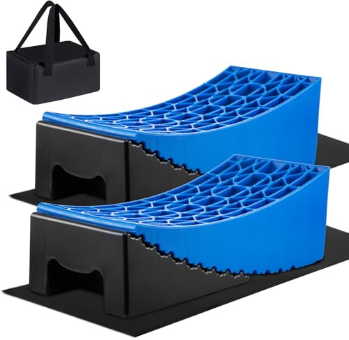 Heavy-Duty Wheel Chocks for Motorhomes, Campervans and Caravans, up to 13.5 Tonnes, Adjustable 5-10cm, Set of 2 with Anti-Slip Mats and Carry Bag (BLUE)