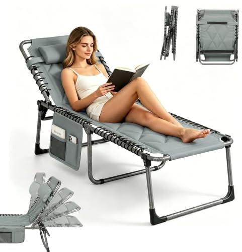 Walnuton Sonnenliege klappbar 150 kg, 5-Fach verstellbare Rückenlehne Grau | Gartenliege klappbar & Sonnenliege für Garten & Camping, wetterfest, Belastbarkeit, ergonomische Kopfstütze, Seitentasche