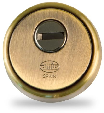 Amig - Sicherheitsschild Mod. 30 - Messing - Lederoptik - Massiver Außenring - Ø65 mm - Mit Aufbohrschutzplatte - Mit Schrauben und Halterung - Für Europrofilzylinder EN1303 - Gehäuse aus Sinterstahl
