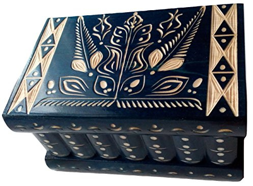 Grande mano intagliato scatola di legno di puzzle segreta magica contenitore di monili rompicapo di immagazzinaggio designe fiore decorazioni per la casa tesoro (Blu)