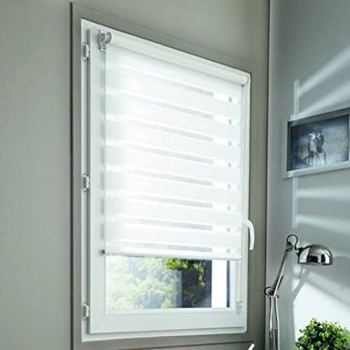 MADECOSTORE - Estor Doble, Enrollable, para día y Noche, 55 x 100 cm (Largo x Alto), fijación con o sin taladrar, Cadena a Juego, Blanco