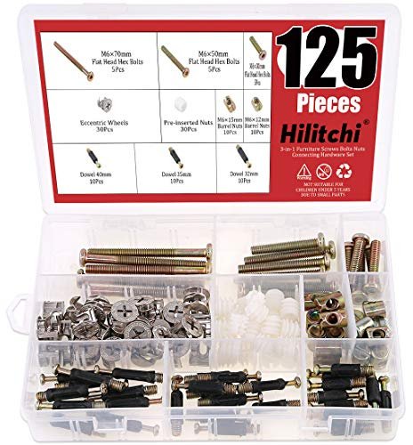 Hilitchi 125 Pcs 3 in 1 Cam Fitting with Dowel and Pre-Inserted Nut with Zinc Plated Hex Drive Socket Cap Furniture Barrel Nuts Crib Screws Assortment Kit Furniture Connecting Hardware Connectors