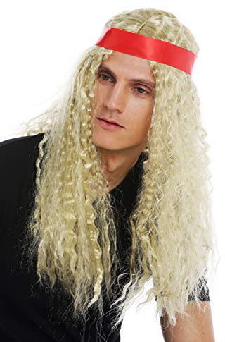 WIG ME UP - 31912-FR61 Perücke Karneval Halloween Damen Herren Lang Stirnband Mittelscheitel Hippie 60er blond gekreppte Locken