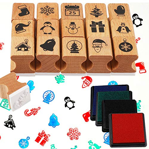 HOWAF Weihnachten Hölzern Stempel Set mit Stempelkissen zum Drucken, Stempel Set für Beschäftigung Kinder Weihnachten DIY Basteln Scrapbooks Gastgeschenk Mitgebsel