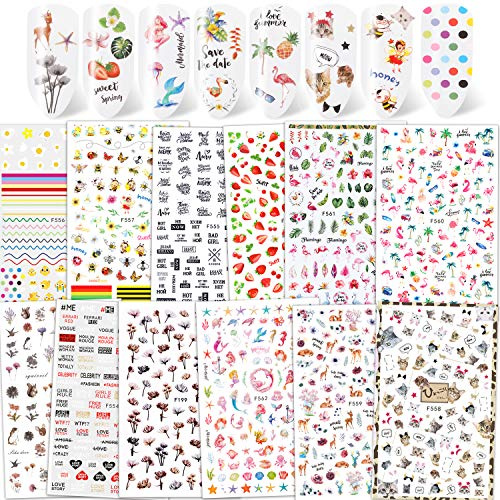 Qpout 1200 + Designs Assortiment Ongles Stickers Autocollants, Fleur Animal Fruit Sirène 3D Nail Art Autocollants Autocollants Ongles Conseils Manucure Décorations pour Femmes Filles Enfants, Salon