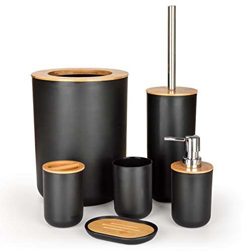 Juego de Accesorios baño de Bambú de Negro - Set de baño 6 Piezas - Botellas de loción, Soporte para Cepillo de Dientes, Taza de Dientes, Jabonera baño, escobillas de baño, Cubo de Basura