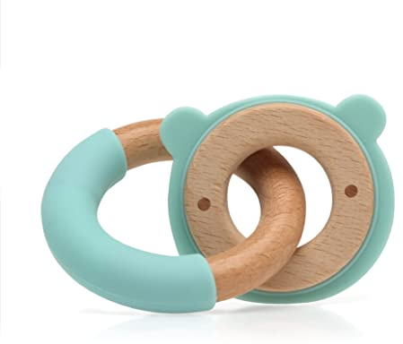 Kiokids Beißring aus Holz und Silikon, Grün, Bär + 3 Monate