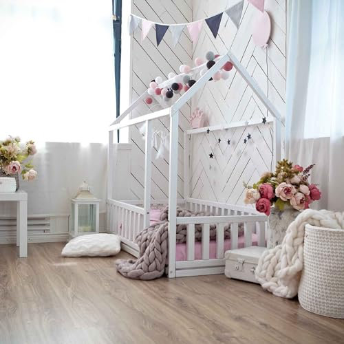Sweet Home From Wood Hausbett Holzbett Tipi-Bett Montessori-Bett Montessori-Tipi-Bett Kinderbett Montessori Hausbett (140x70cm, White)
