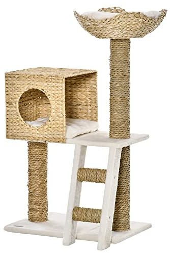 PawHut Arbre à Chat Arbre à Grimper Griffoir pour Chat Hauteur 100,5 cm | avec Coussins, Échelle, Centre d'Activités, Poteaux en Quenouille