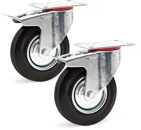 Wiltec Jeu 2x Roulette pivotante Blocage double – Ø 125 mm – Capacité 100 kg – en Caoutchouc – Roue avec Frein et Plaque de montage – Transport Appareil Accessoire Meuble – Usage silencieux sans trace
