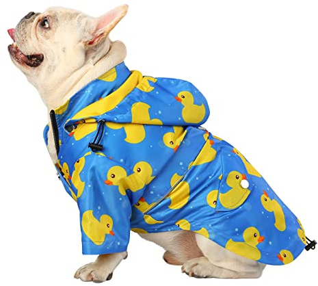 HDE Hunde-Regenmantel, Poncho, doppellagig, Reißverschluss, Regenjacke mit Abnehmbarer Kapuze, Loch für die Leine, für kleine bis 3XL Hunde und Welpen, Blau (Ducks Blue), Größe M