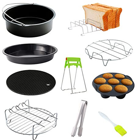 8in Universal Heißluftfritteuse Zubehör Set 10tlg, Airfryer Fritteuse Zubehörset, Heißluftofen Luftfritteusen inkl. Backform, Pizza Pan, Grillrost, Dämpfen Rack, Silikonmatte, Muffinform