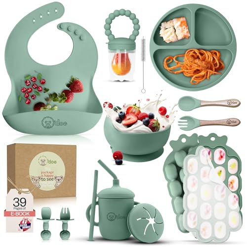 O'doe Baby avvänjningsset – 15 st silikon babymatningsset med sugplatta, skål, haklapp, sippigkopp, fruktmatare, frysbricka – babytallrikar och skålar set – grön – BPA-fri