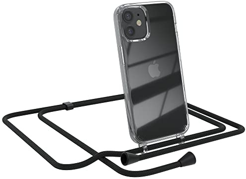 EAZY CASE Handykette kompatibel mit iPhone 12 Mini Handyhülle mit Umhängeband, Handykordel mit Schutzhülle, Silikonhülle, Hülle mit Band, Stylische Kette für Smartphones, Schwarz - Clips Schwarz