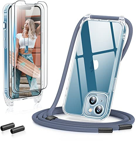 GOODVISH 3 in 1 Handykette für iPhone 13 6,1 Zoll - mit 2 Stück Schutzfolie - Necklace Hülle mit Band [Kameraschutz] [360°-Schutz] Handyhülle für zum Umhängen - Transparent Case mit Schnur, Blau