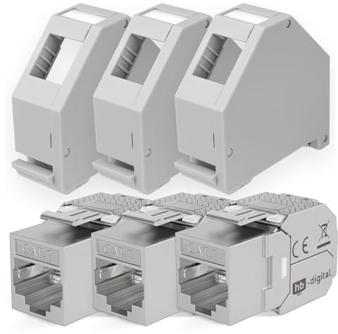 hb-digital Set de 3 módulos Keystone Cat.7 RJ45 + 3 adaptadores de riel Keystone para riel de sombrero, 35 mm, estándar | RJ45 Jack blindado montaje sin herramientas Ethernet LAN red STP LSA